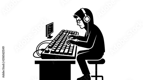 Man wearing headphones sitting at desk.