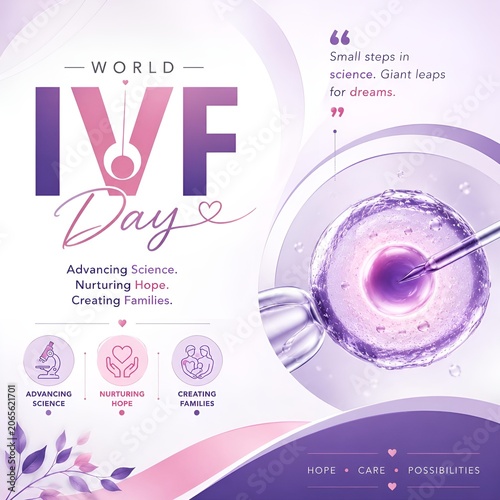World ivf day informational poster featuring laboratory microscopic fertilization process