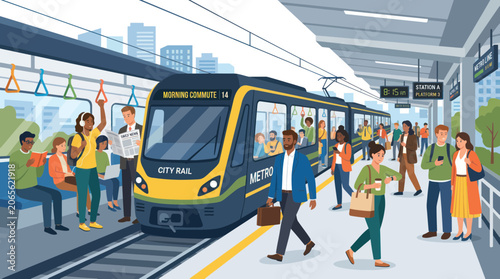 Foto Modern metro train arriving at a crowded city station platform