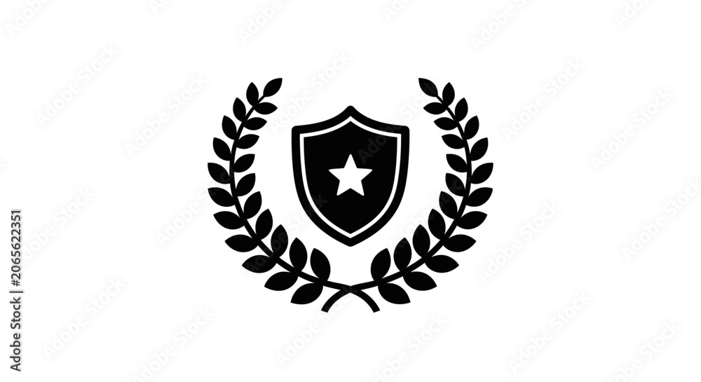 Fototapeta premium Black silhouette of a shield emblem with a star inside surrounded by a laurel wreath.