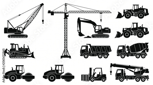 Heavy Construction Equipment Icons Bundle with Crane Excavator Bulldozer and Dump Truck