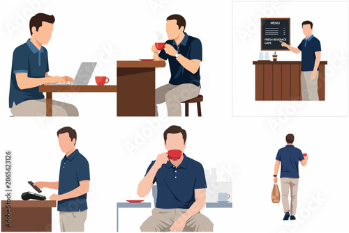 Tableau sur toile Collection of flat vector illustrations featuring a young man at a coffee shop working on his laptop, ordering from a menu, drinking coffee, and paying with his smartphone
