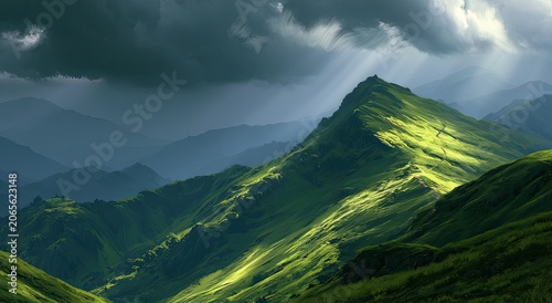 Dramatic sunbeams pierce dark clouds over a verdant, rolling mountain range