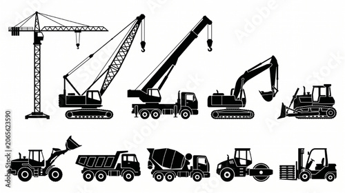Construction Vehicle Vector Set Featuring Tower Crane Forklift Roller and Concrete Mixer