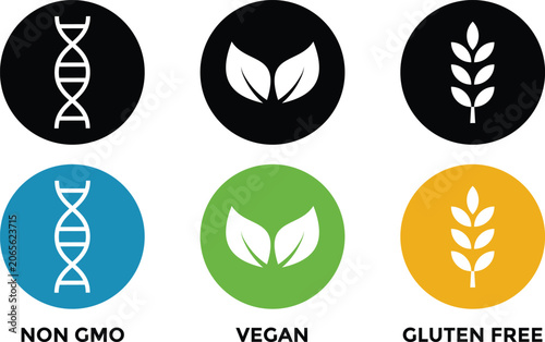 Non GMO Vegan gluten free icon. natural product  design. Healthy and Allergen Free Products. healthy diet symbols