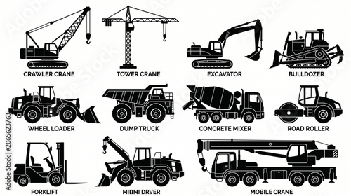 Black Silhouette Heavy Equipment Pack for Building Site and Civil Engineering Design