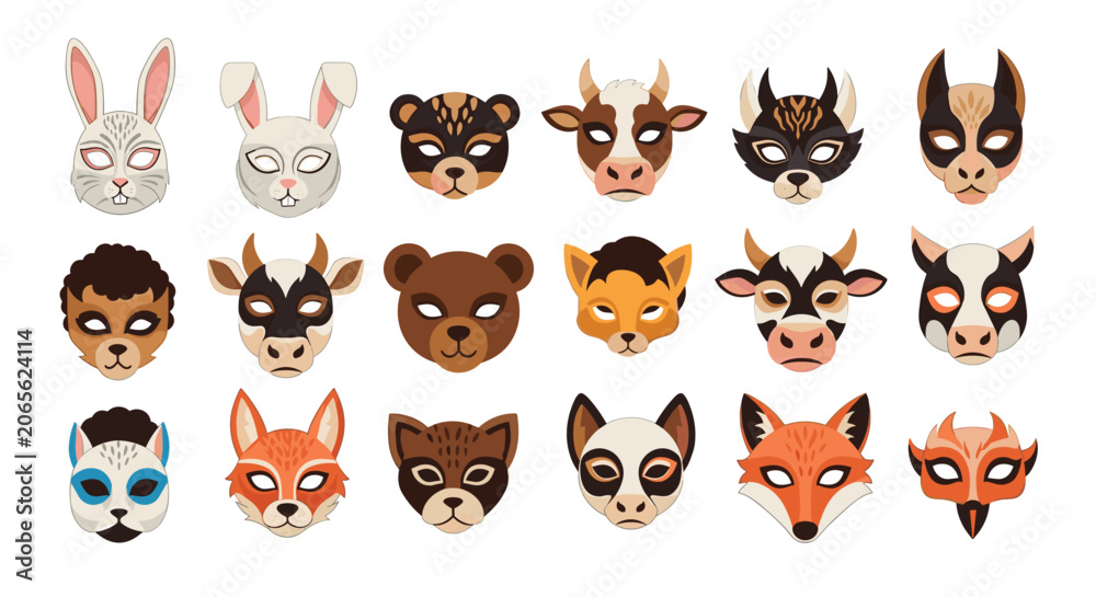 Obraz premium Set of various animal face masks for children including rabbit bear cow cat fox and owl in a colorful grid design.