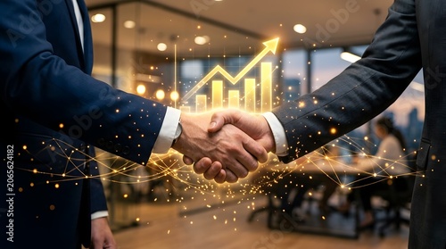 Successful business handshake with rising growth chart, partnership agreement and corporate deal concept
