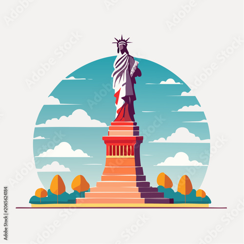 Stylized Illustration of the Statue of Liberty with Clouds and Trees