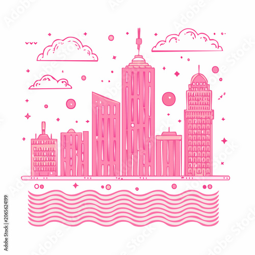 Pink Skyline Illustration with Clouds and Water