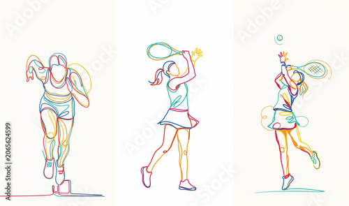 Female Athletes Line Art Icons Set. Sports Championship Design, Women's Fitness Illustration, Running Badminton Tennis Graphics, Wellness Training Posters, Mobile App Interface, Web Design Elements
