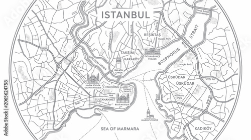 Konstfotografi Circular minimalist map of istanbul featuring historic landmarks