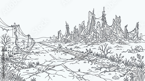 Bild auf Leinwand Ruined city skyline after disaster with overgrown abandoned road