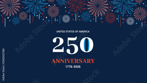 Usa 250th anniversary celebration with fireworks on navy blue background