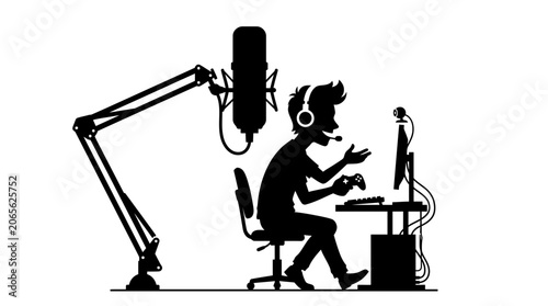 Silhouette of person wearing headphones recording.