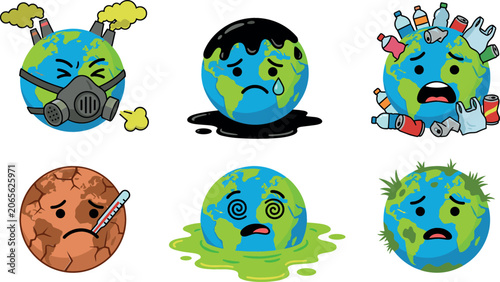 Foto Global warming vector illustration collection featuring cartoon sick planet eart