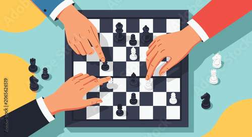 Top down view of two people playing a game of chess on a checkered board with multiple pieces currently in motion.