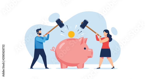 Man and woman working together to break a giant pink piggy bank with large hammers to access gold coin savings.