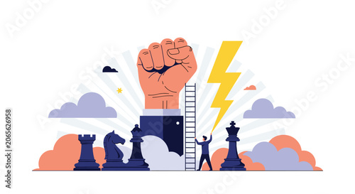 Large hand clenched in a fist symbolising power and victory while a small figure climbs a ladder toward it on a chessboard.