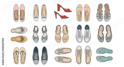 Assorted collection of women shoes including sneakers sandals heels and flats for different seasons and fashion styles.