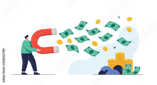 Person holding a giant horseshoe magnet to attract floating dollar bills and gold coins for wealth and success.