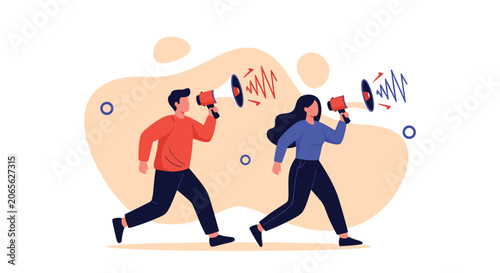 Man and woman running while shouting into megaphones to spread news or lead a public announcement or protest.