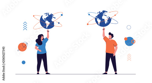 People interacting with a floating globe and orbital icons representing worldwide communication and digital connectivity.