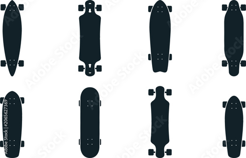 Skateboard silhouette vector illustration set featuring black shapes of longboards cruisers drop down decks and street skateboards isolated on white