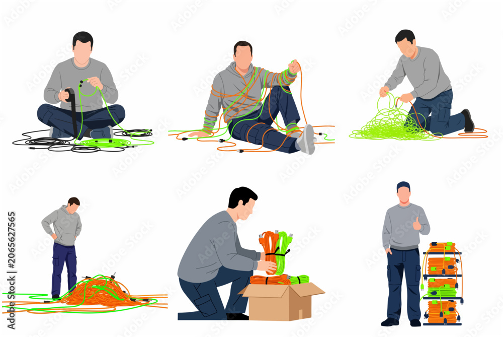 Fototapeta premium Set of Illustrations Showing a Man Managing and Organizing Messy Tangled Cables into Neat Coils and Storage for Efficiency