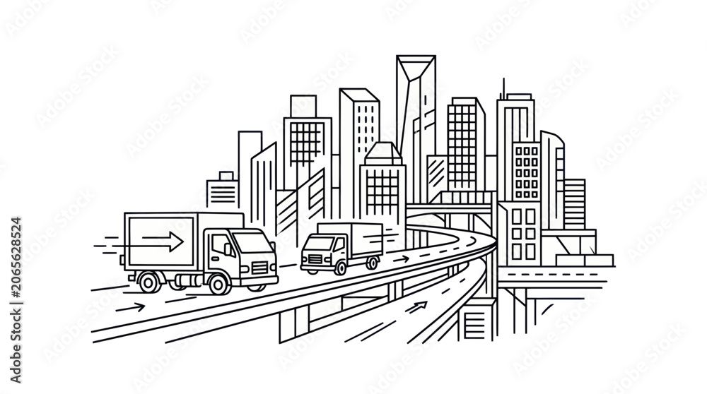Obraz premium Freight transport trucks driving on urban highway towards city