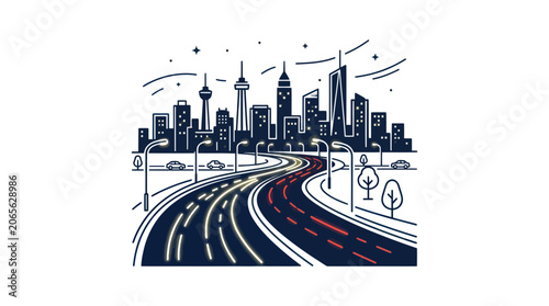 Tableau sur toile Urban skyline and busy highway with light trails at night