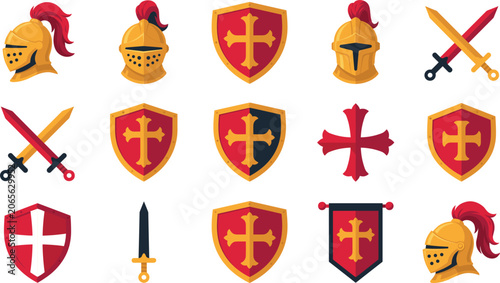 Tableau sur toile Medieval knight armor helmets shields swords and crusader cross symbols vector i
