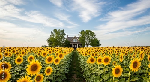 Sunflower Field with Rustic Farmhouse Under Blue Sky.