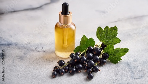 blackcurrant seeds cosmetic oil in a glass pipette bottle with branch of blackcurrant berries with leaves on the background light marble background with copy space