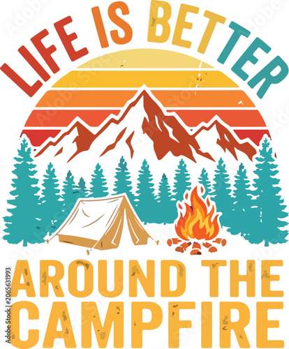 Retro mountain camping sunset scene with tent and bonfire in forest landscape for tshirt print design outdoor adventure concept illustration.