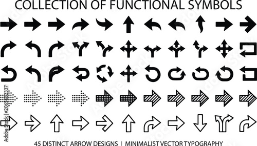 Collection of functional symbols, 45 distinct arrow designs, minimalist vector typography, navigation, direction, pointers.