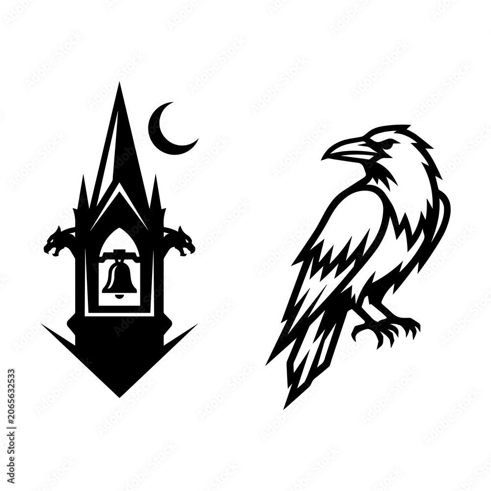 Fototapeta premium Gothic clock tower and raven silhouette icon set with halloween, cemetery
