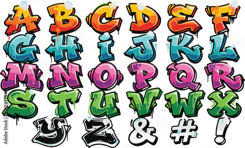 Colorful graffiti alphabet letters and symbols for urban street art design urban style graphic resources.