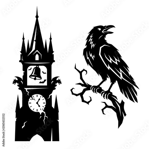 Photos Creepy clock tower and raven on branch icon set with halloween, cemetery