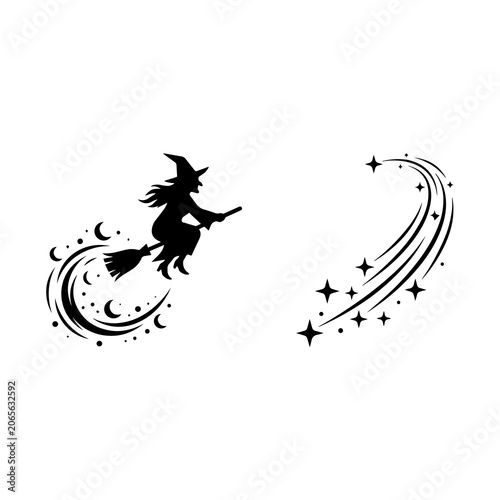 Obraz na płótnie Witch flying on broomstick with crescent moon and magical star trails set