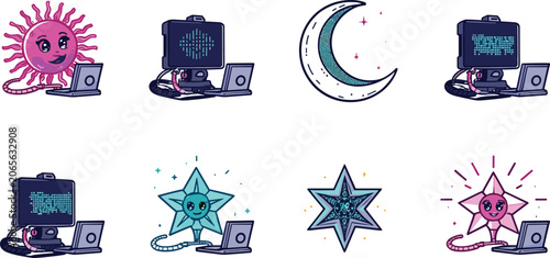 Εκτύπωση καμβά Cute cyberpunk space star cartoon character set hacking server terminals and cod
