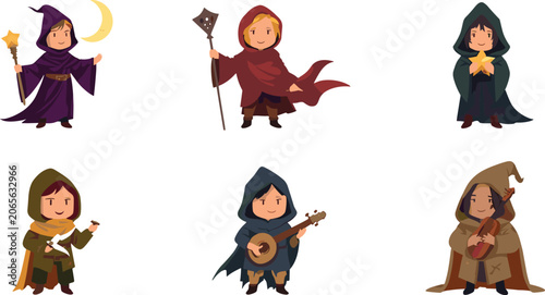 Foto Cute fantasy RPG adventurer cartoon character set with little wizard mages cloak