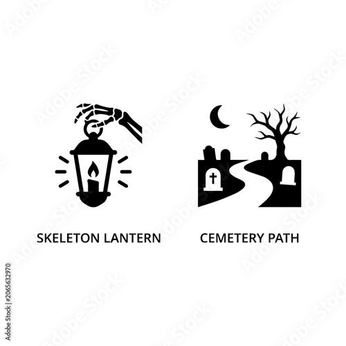 Skeleton hand holding lantern and cemetery path halloween icons with skeleton