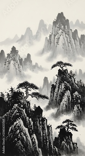 Misty Mountain Peaks Traditional Monochrome Landscape Artwork.