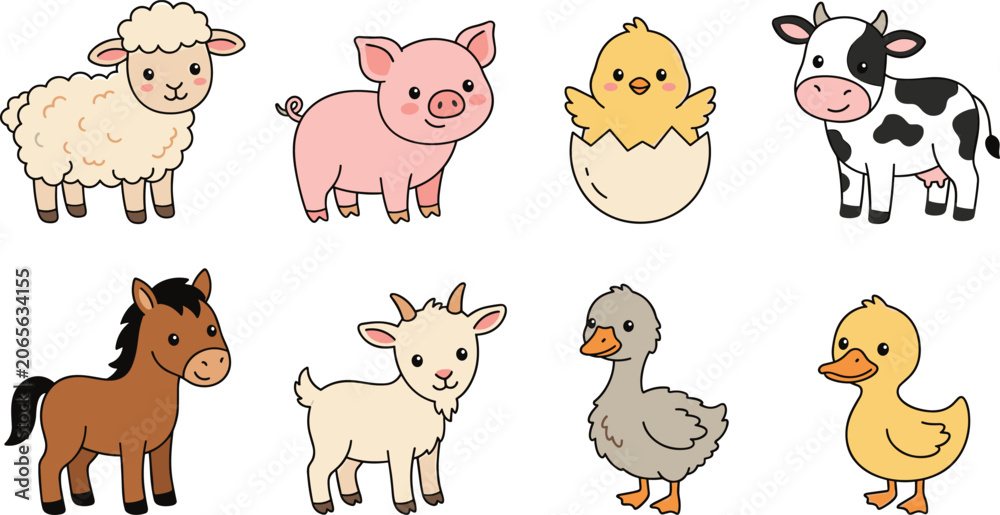 Fototapeta premium Cute Farm Animal Character Collection Featuring Adorable Livestock, Baby Barnyard Creatures, Cartoon Mascots, and Colorful Vector Illustration Set