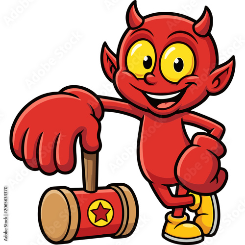 A cartoon devil character holds a mallet with a star on it.