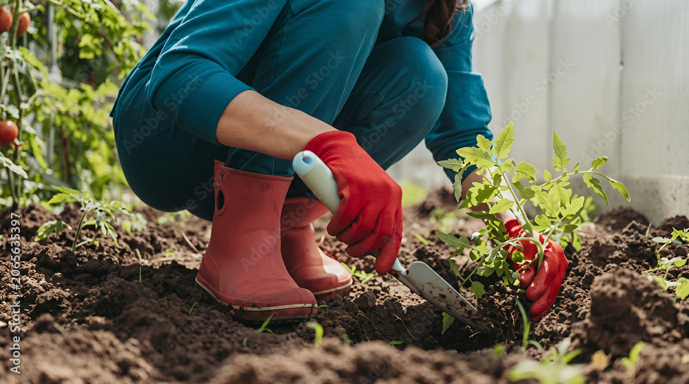 Fototapeta premium Gardener in red gloves planting tomato seedling in soil with tools in green house
