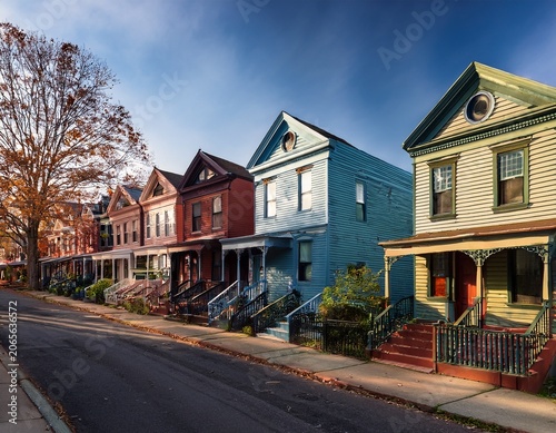 row of old wood homes in st george of staten island in new york city
