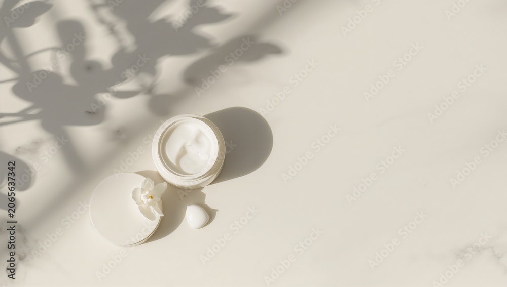 Fototapeta premium Open cosmetic jar with cream plus lid and small dollop on a bright surface with shadows