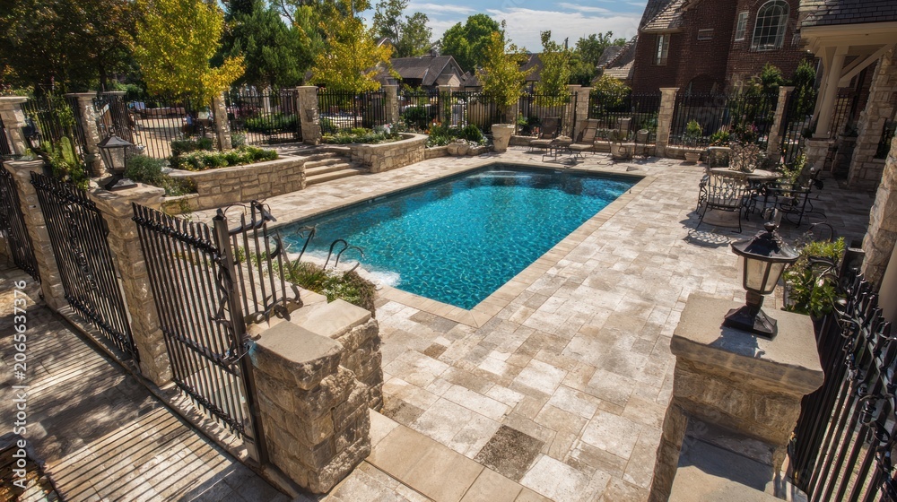 Fototapeta premium Luxury backyard swimming pool with stone patio and wrought iron fence